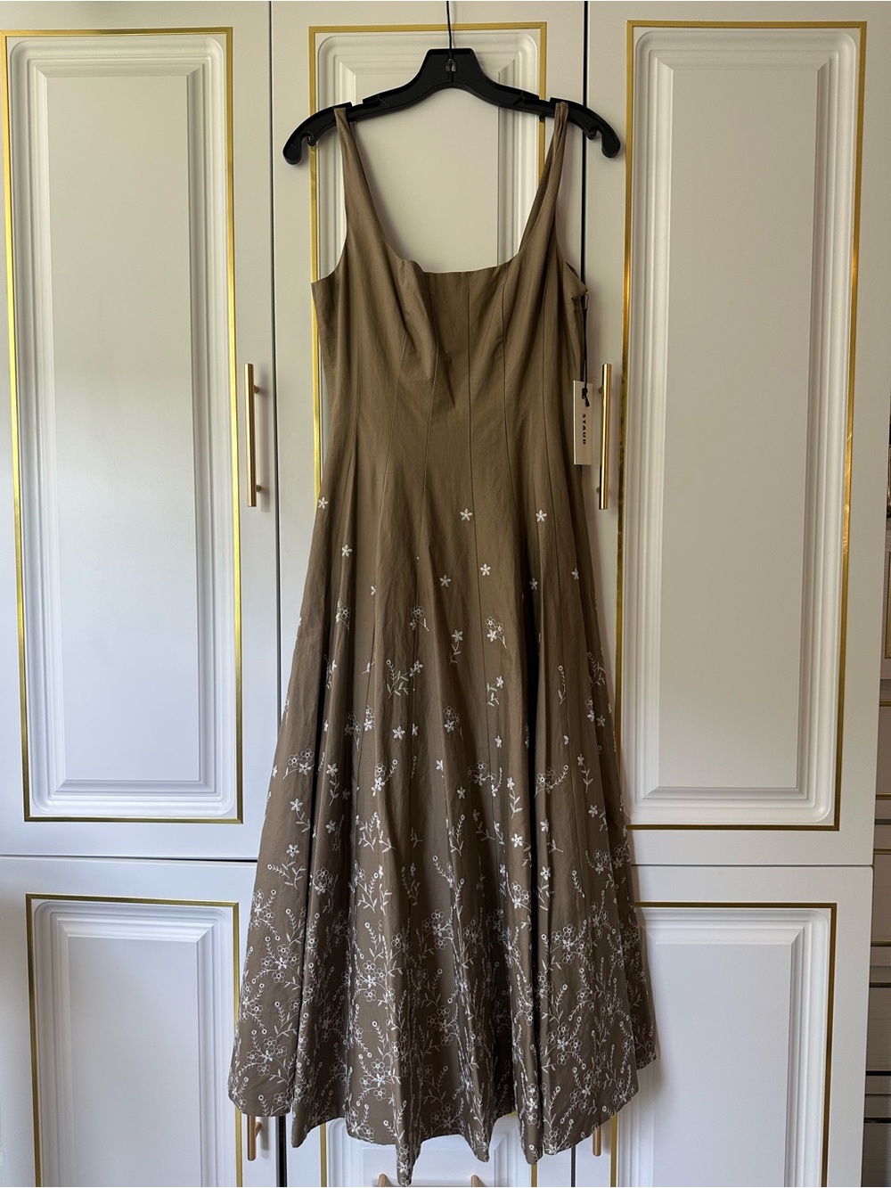 STAUD Taupe Midi Dress with White Floral Embroidery - Picture 3 of 10